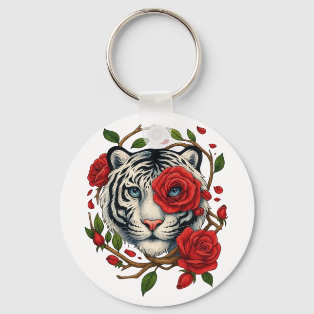 Llavero Tigre blanco con rosas rojas - Floral de vida salv (Anverso)