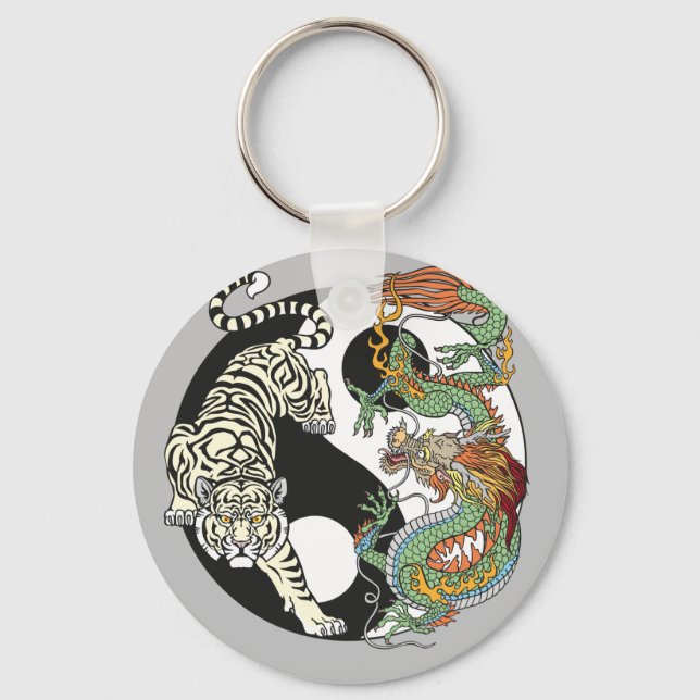 Llavero Tigre blanco contra dragón verde en Yin yang (Anverso)
