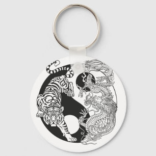 Llavero Tigre blanco contra dragón verde en Yin yang k