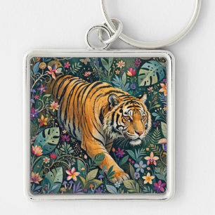 Llavero Tigre con ojos ámbar, follaje de jungla fantástica