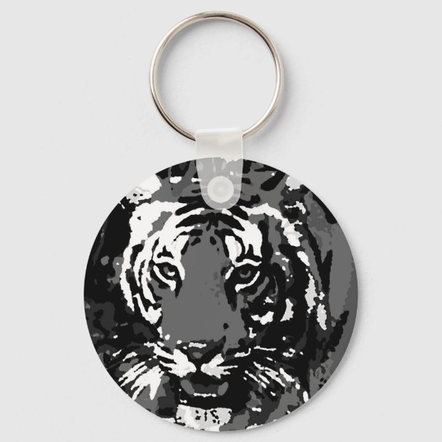 Llavero Tigre de arte pop blanco negro (Anverso)