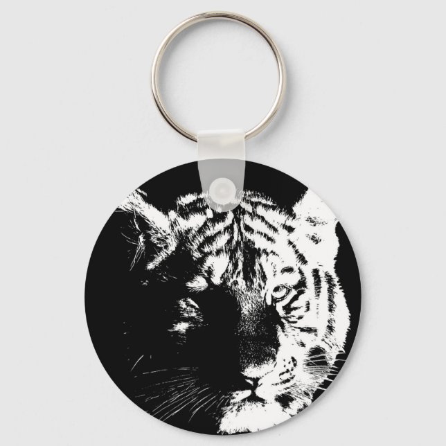 Llavero Tigre de arte pop blanco y negro (Anverso)