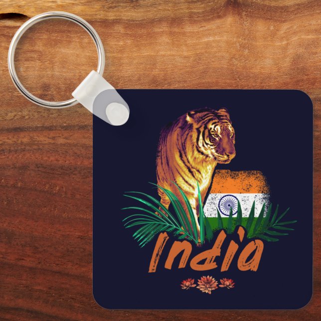 Llavero Tigre de la India con bandera retro Lotus souvenir (Anverso)