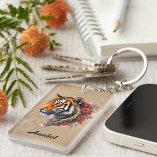 Llavero Tigre de vapor con Ilustracion de Rosas