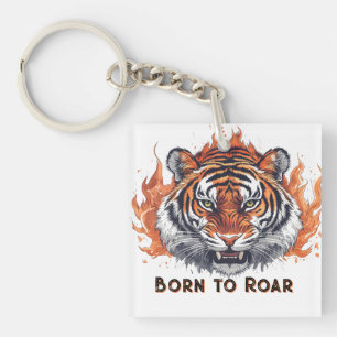 Llavero Tigre Feroz con Llamas - Texto Personalizable