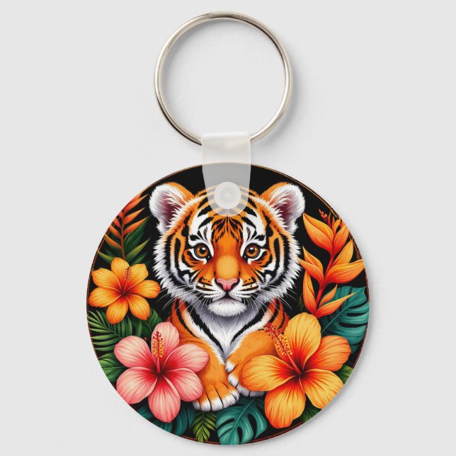 Llavero Tigre rodeado de flores tropicales (Anverso)
