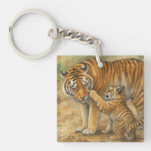 Llavero Tigre tenso - padre y cachorro en bosque