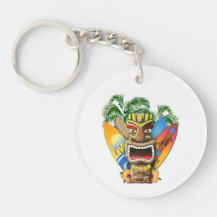 Llavero Tiki hawaiano que practica surf