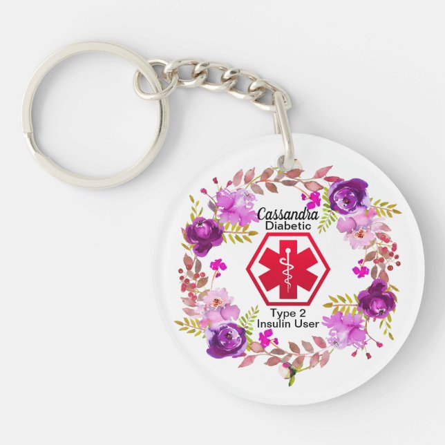 Llavero Tipo alerta médico floral diabético - 2 (Frente)