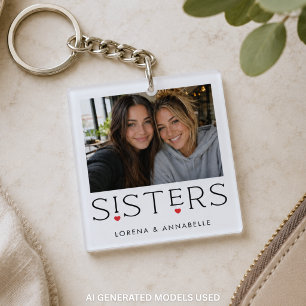 Llavero Tipografía de corazón de hermanas Foto blanca