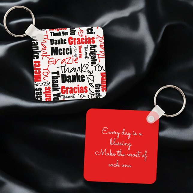 Llavero Tipografía Red Black Multilingual "Gracias" (key ring front and back with template text on back)