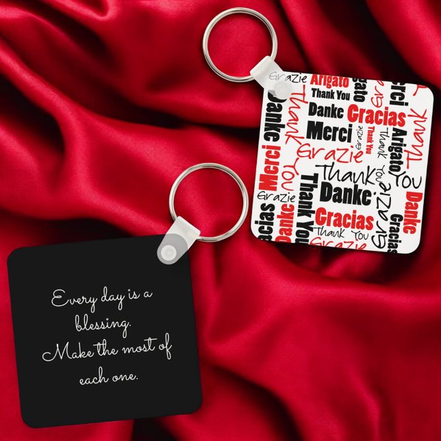 Llavero Tipografía Red Black Multilingual "Gracias" (key ring front and back with template text on back)