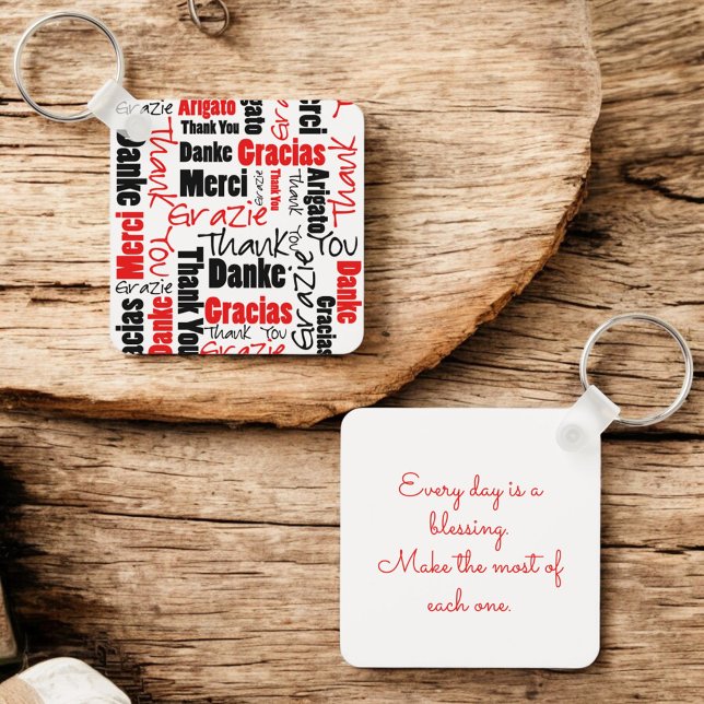 Llavero Tipografía Red Black Multilingual "Gracias" (front and back key ring with template text on back)