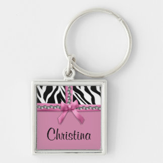 Llavero Tiras Y Gemas De Zebra Rosa Y Blanca Personalizado