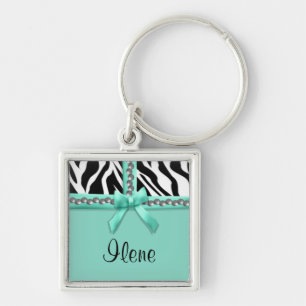 Llavero Tiras Y Gemas De Zebra Verde azulada Y Blanca Pers