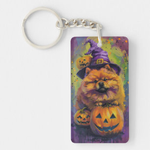 Llavero Tocante Chow Chow Perro Halloween Bruja Y Calabaza