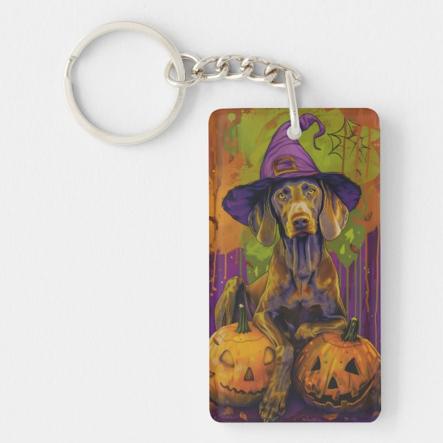 Llavero Tocante Weimaraner Perro Halloween Bruja Y Calabaz (Frente)
