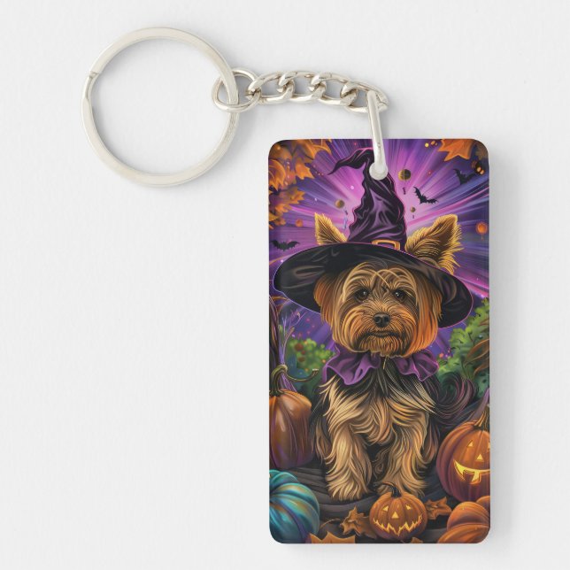 Llavero Tonto Yorkipoo Perro Halloween Bruja Y Calabaza (Frente)