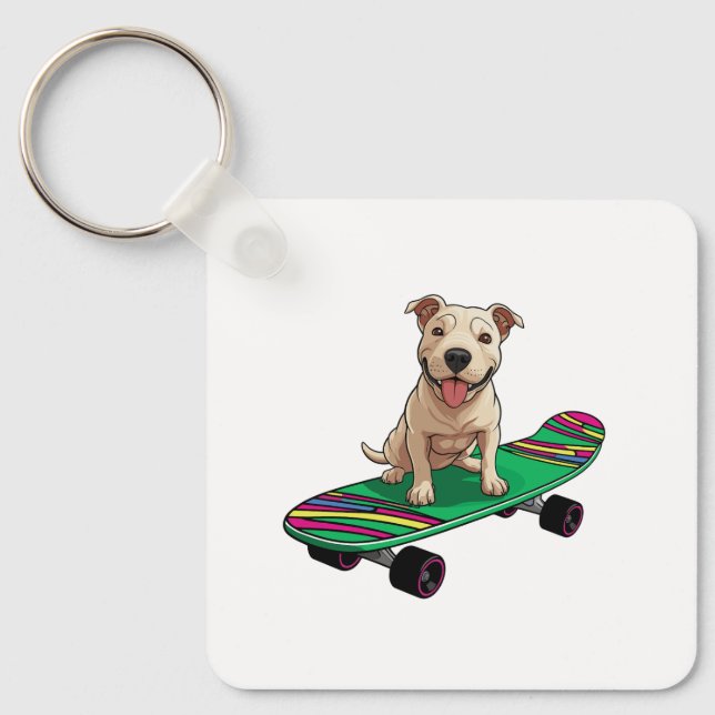 Llavero Toro Terrier inglés en una skateboard (Anverso)