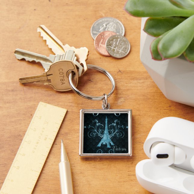 Llavero Torre Eiffel Azul Floral Swirls Square Keychain (Escritorio )