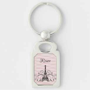 Llavero Torre Eiffel Rosa Florece Keychain Metalizado