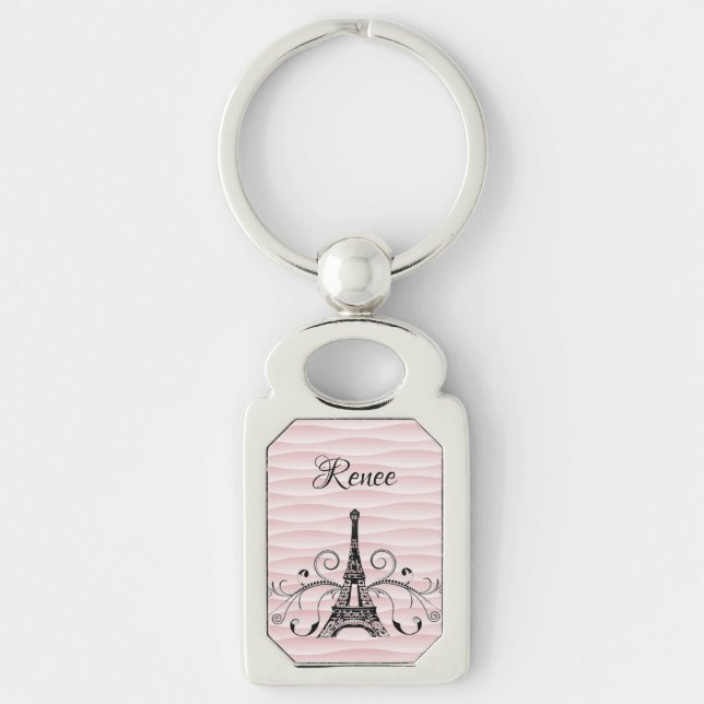 Llavero Torre Eiffel Rosa Florece Keychain Metalizado (Anverso)