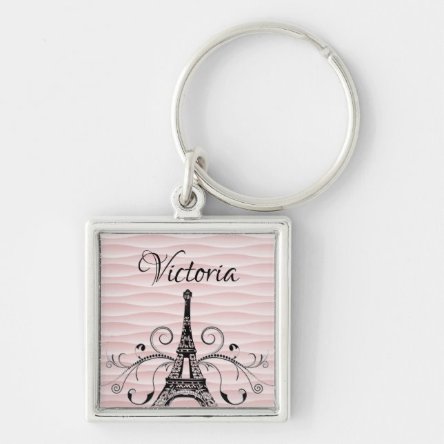 Llavero Torre Eiffel Rosa Flourish Square Keychain (Frente)