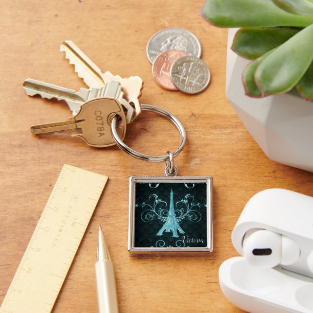 Llavero Torre Eiffel Verde azulada Floral Swirls Square Ke (Escritorio )