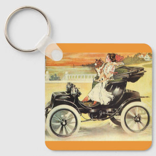Llavero Transporte Antiguo, Mujer en Coche Convertible