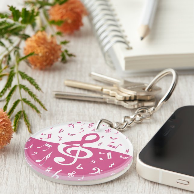Llavero Treble Clef Wave Music Notes en rosa y blanco (Frente Derecha)