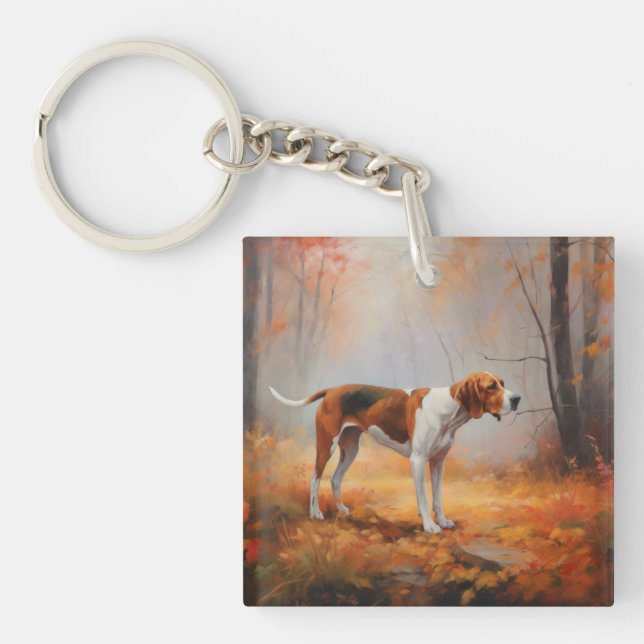 Llavero Treeing Walker Coonhound in Autumt Leaves fall (Frente)