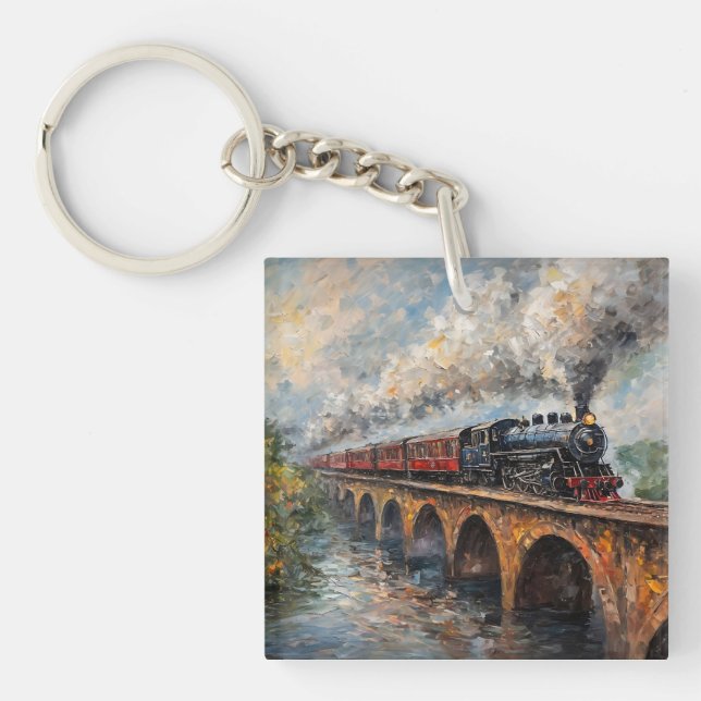 Llavero Tren de vapor en un puente - pintura al petróleo (Frente)