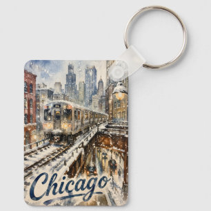 Llavero Tren elevado de Chicago en la nieve invernal