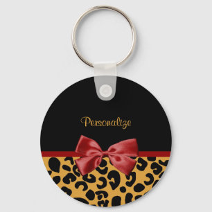 Llavero Trendy Black and Gold Leopard Print Red Ribbon Bow