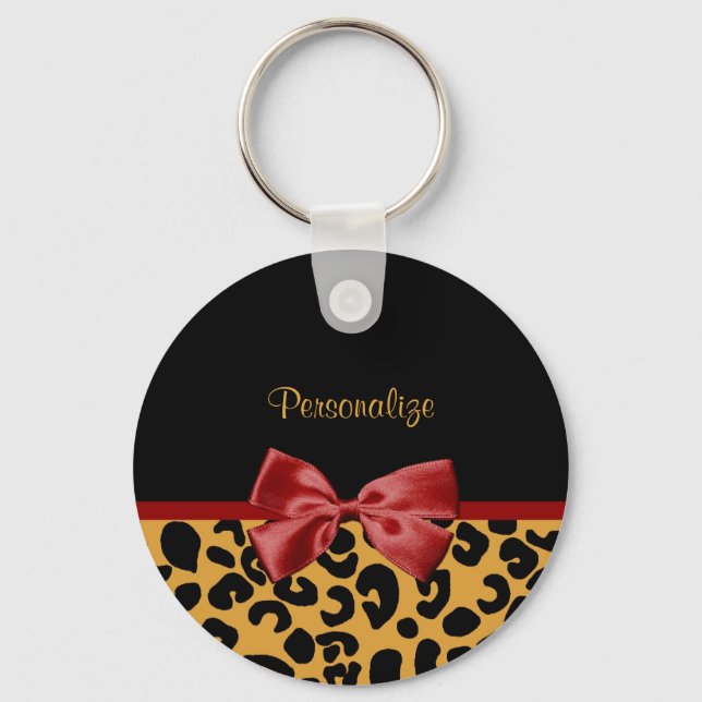Llavero Trendy Black and Gold Leopard Print Red Ribbon Bow (Anverso)