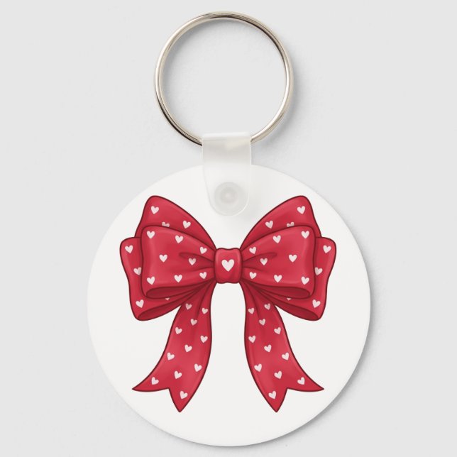 Llavero Trendy Coquette Red Ribbon Bow with White Hearts (Anverso)