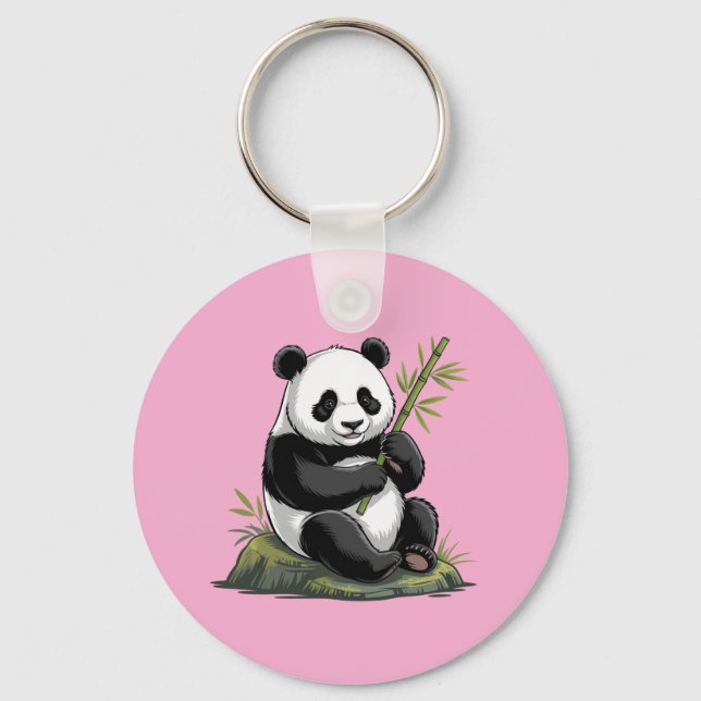 Llavero Trendy Cute Panda Bear With Greenery Bamboo Pink (Anverso)