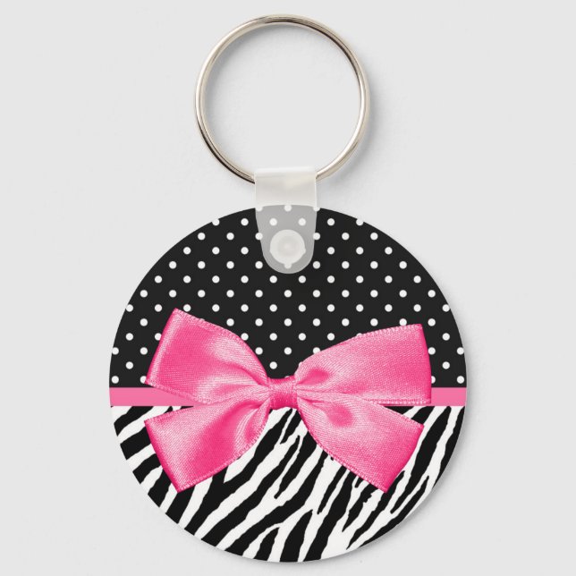 Llavero Trendy Zebra Print Polka Dots and Chic Pink Ribbon (Anverso)
