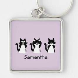 Llavero Tres gatitos sabios negro blanco morado personaliz