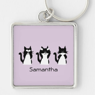 Llavero Tres gatitos sabios negro blanco morado personaliz