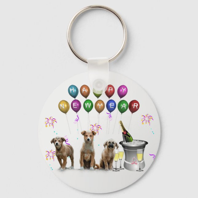 Llavero Tres perros graciosos deseando un feliz año nuevo  (Anverso)