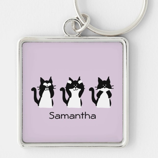 Llavero Tres sabios Kitties Personalizado morado blanco ne (Frente)