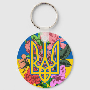 Llavero Tridente ucraniano y bandera de Ucrania con flores