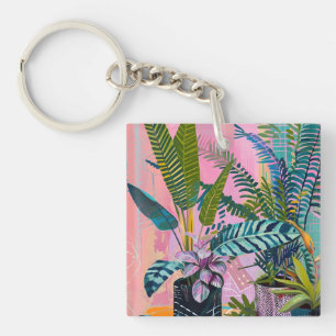 Llavero Tropical pink flamingos set against lush green