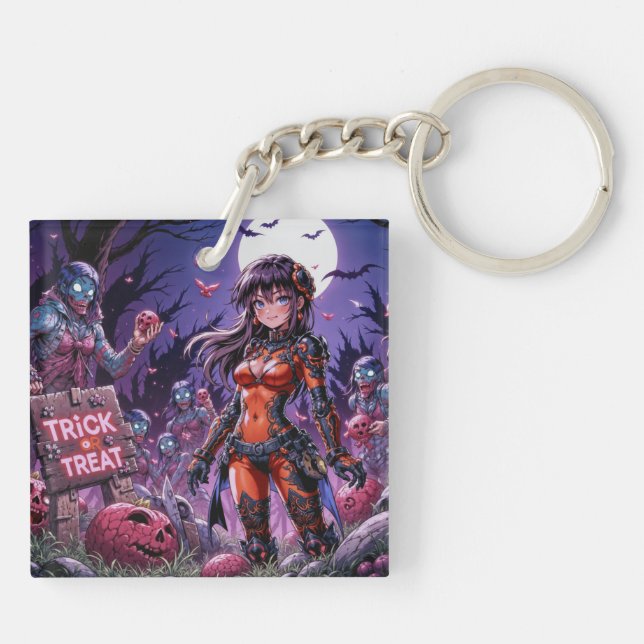 Llavero Truco o Trato Zombies de Halloween repartiendo Cer (Atrás)