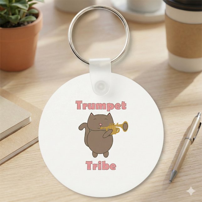 Llavero Trumpet Tribe Cat Pink (A keychain featuring a brown cat and the text trumpet tribe in pink.)