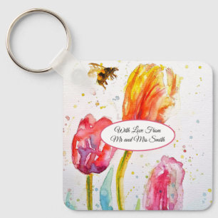 Llavero Tulipán Rojo Rosa y Abeja Pintura Acuarela Boda