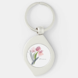 Llavero Tulipanes Florales de Acuarela Rosa Sonrojado Nomb