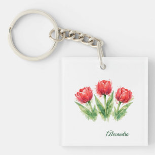 Llavero Tulipanes rojos personalizados de acuarela