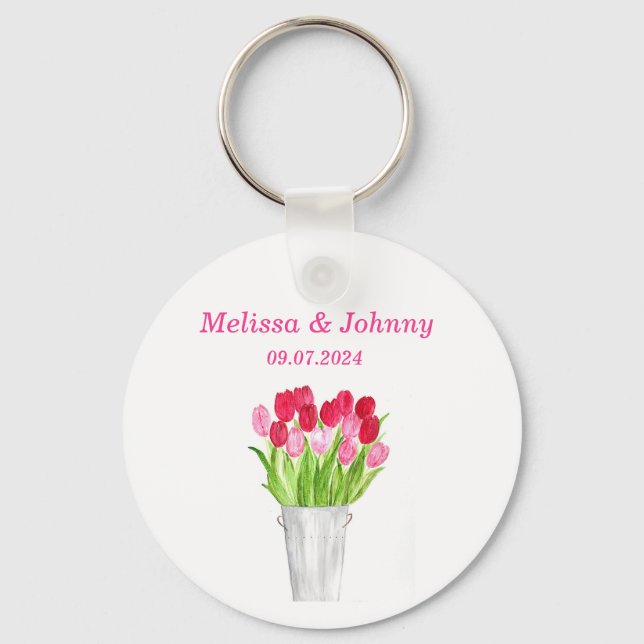 Llavero Tulipanes rosados acuarela floral elegante Boda (Anverso)